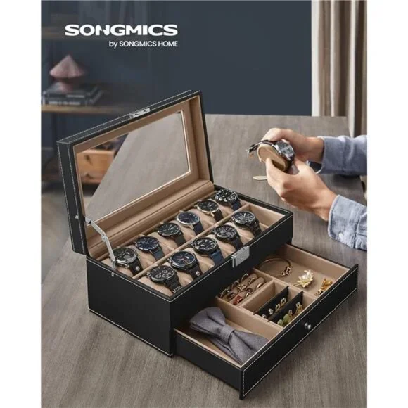 Watch Box 12-Slot Watch Case Organizer with Large Glass Lid 2 Layers